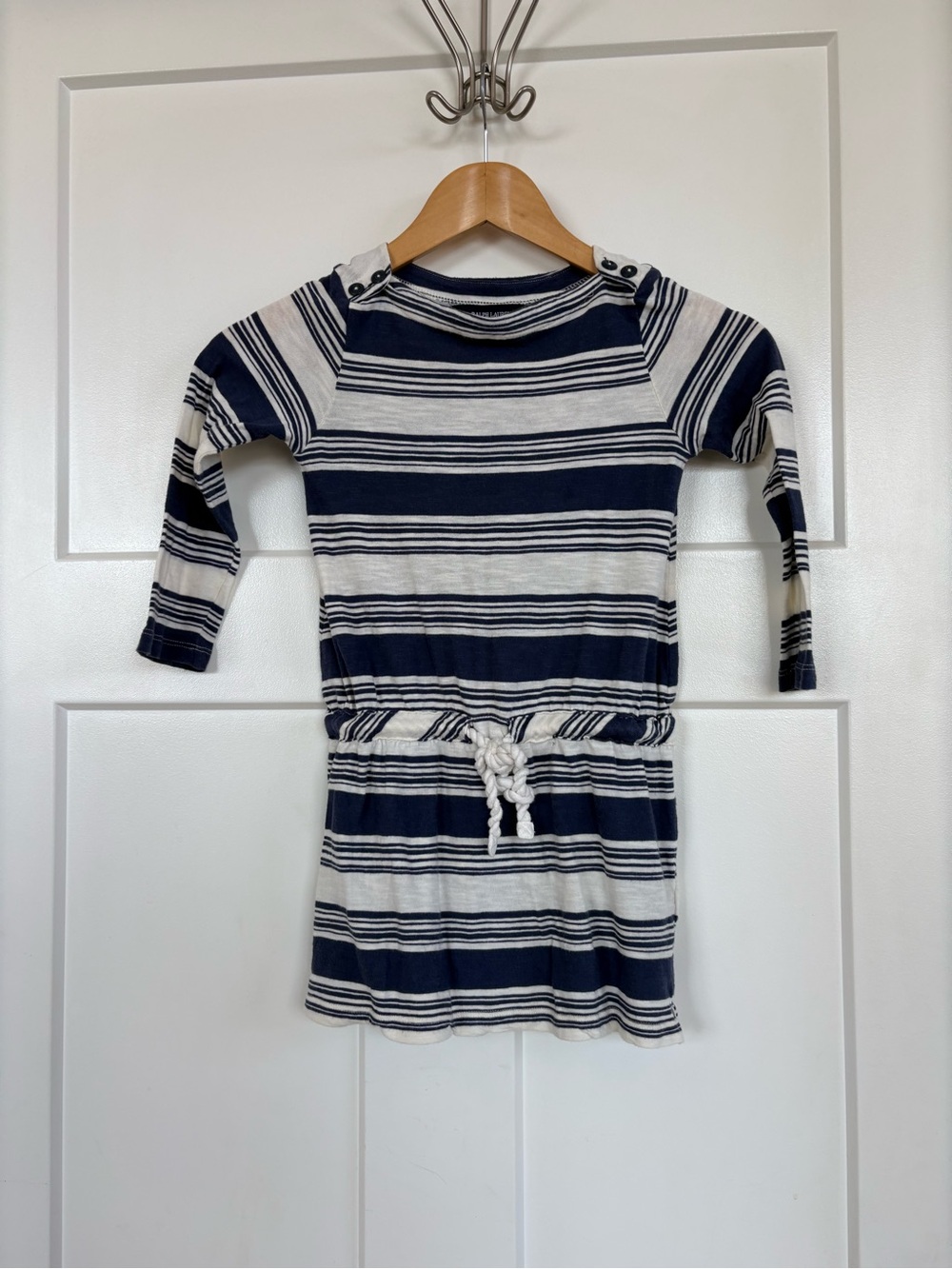 Ralph Lauren Girls Navy and White Long Sleeve Striped Dress with Waist Tie S: 5